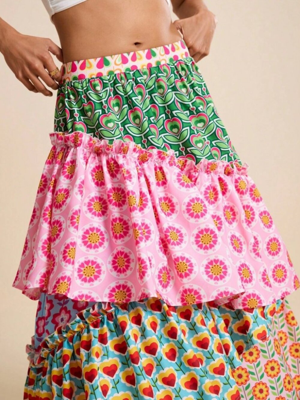 Pink Mixed Floral Tiered Ruffle Maxi Skirt - Picture 6 of 6